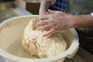 authentic baking: a person s hands covered in flour kneading dough for a rustic loaf