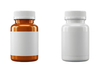 Two medicine bottles isolated on transparent background, amber and white