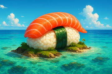 Giant sushi island surrounded by crystal-clear turquoise waters, blending culinary art with surreal fantasy in a tropical paradise setting.