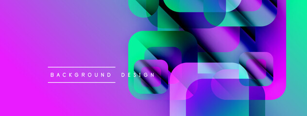 Abstract vibrant design. Geometric shapes overlap, creating dynamic visual effect. Purple, blue, green gradients dominate composition. Modern aesthetic.