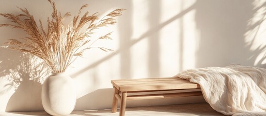 Sunlit room; pampas grass vase, wooden bench, blanket; interior design mockup