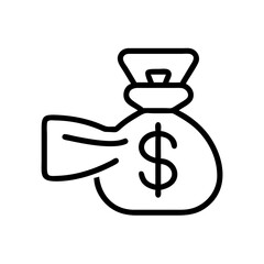 Money bag icon with dollar sign in simple line art style  