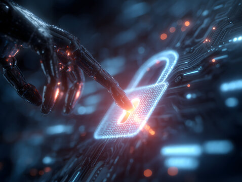 A robotic hand reaching out and touching a glowing digital padlock on a futuristic screen, symbolizing cybersecurity and AI access control.