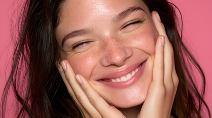Cheerful young woman smiling with eyes closed, touching her face gently, natural freckles and glowing skin on a pink background.