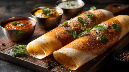 Close-up of crispy masala dosa served with various chutneys and sambar on a rustic wooden board.
