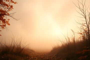 Foggy autumn path lined with dry grass and scattered orange leaves. Bare trees add to the serene, peaceful atmosphere under a soft, warm glow