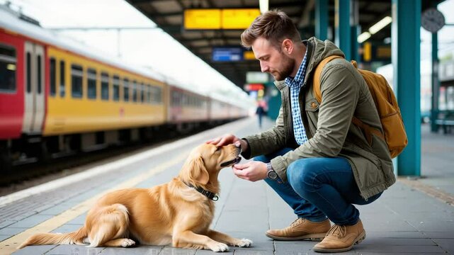 Caring man interacts with golden retriever at train station on a cloudy day