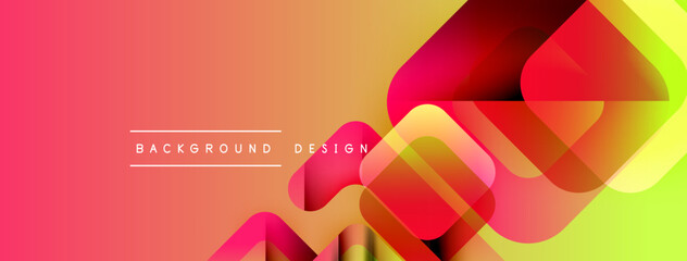 Vibrant gradient background features overlapping geometric shapes. Red, orange, yellow, green hues create dynamic visual effect. Text reads background design.