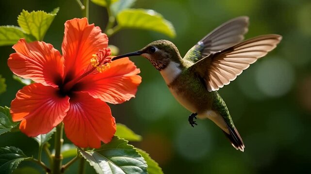 Slow-motion 4K close-up of hummingbird hovering and feeding on red hibiscus flower with water droplets in natural daylight
