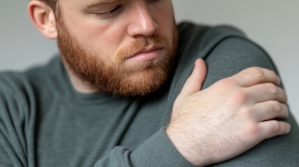 Obraz premium Man Experiencing Shoulder Pain: A Portrait of Discomfort and Health Concerns