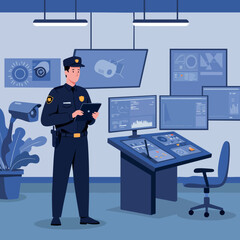 Security officer monitoring surveillance cameras in control room with digital screens 