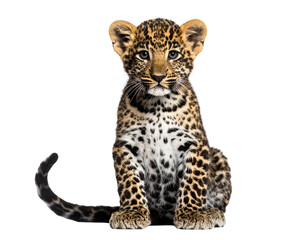 Obraz premium Young Leopard Cub Sitting with Tail Curled Around Paws, Front-Facing View, isolated on a transparent background