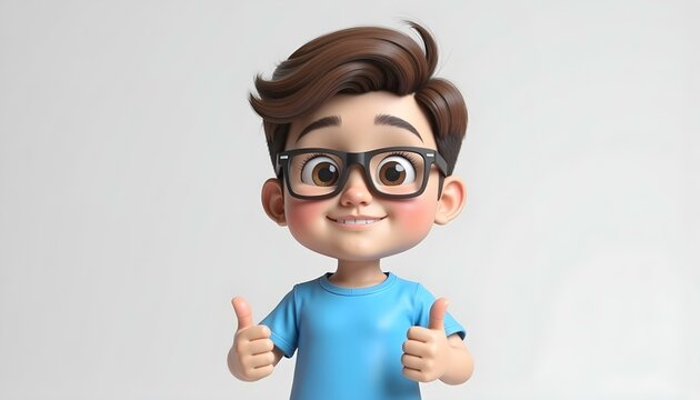 A happy 3D cartoon of a charming boy with styled brown hair and glasses gives a double thumbs-up gesture against a clean, bright background. This could be a cute cartoon dpz for boyz