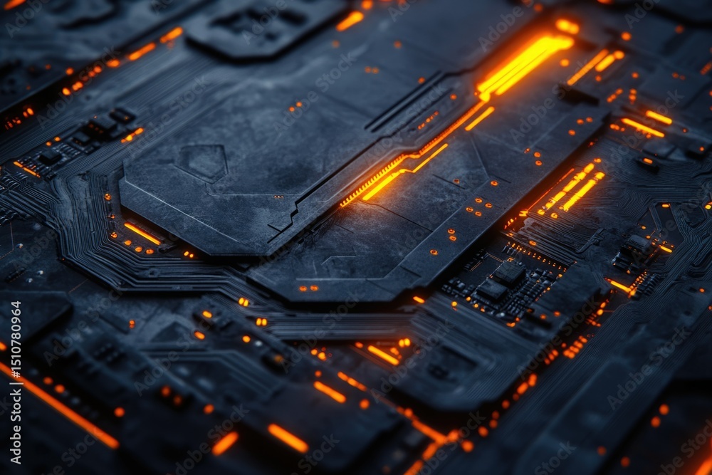 Aufkleber close-up of a futuristic, dark circuit board with glowing orange lines, showcasing intricate technol