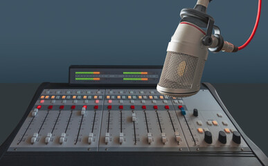 Professional microphone and sound mixer in radio station studio