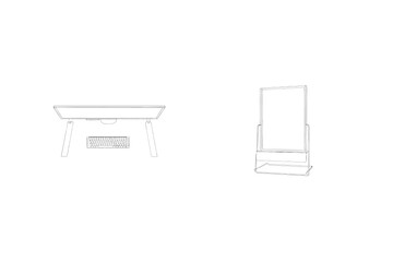 Modern workspace desk with keyboard and digital display minimalist line art illustration