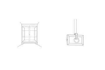 Elegant one line art illustration of a display cabinet and a suspended light fixture