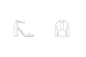 Minimalist line art illustration of high heel shoe and hooded sweatshirt apparel design
