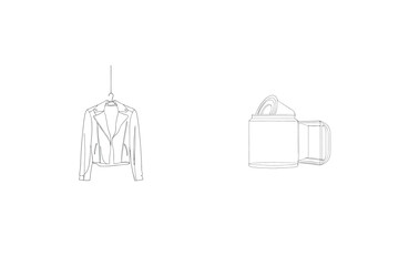 Minimalist one line art illustration featuring a leather jacket and a mug with geometric style