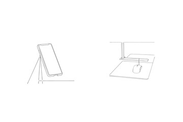 Minimalist line art depiction of smartphone stand and computer accessories with modern style
