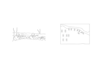 One line art illustration depicting soldiers in a trench and war strategy plan