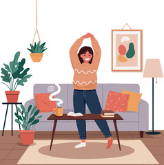 Woman Stretching Happily in Cozy Living Room with Plants and Warm Colors Vector Illustration 