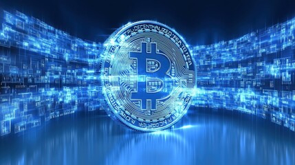 A blue and white image of a bitcoin