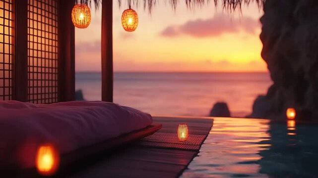 Sunset beachside serenity with a floating bed