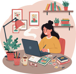 Woman working on laptop at cozy desk with plants and books vector illustration 