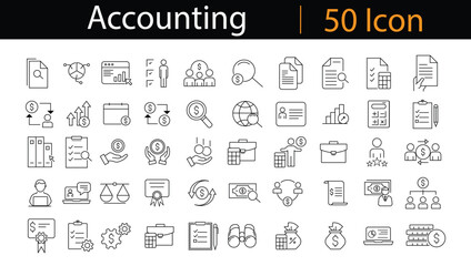 Fototapeta premium Comprehensive Line Style 50 Icon Set for Accounting, Auditing, and Financial Management – Includes Web and Mobile App Icons for Tax Returns, Invoices, Finance Reports, Inspections, 