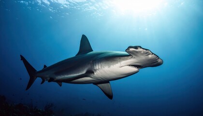 Obraz premium Hammerhead shark gliding through deep ocean waters, symbolizing marine power, adaptation, mystery, and oceanic exploration themes