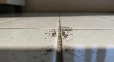 Black mildew between floor tiles in a light-filled room  