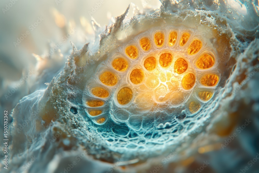 Poster close-up of a lotus seed pod, revealing intricate details and vibrant golden seeds within a textured