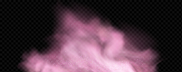 Pink powder dust with glittering shimmering swirls, shiny glitter design. Magical motion, sparkling lines on a black background.