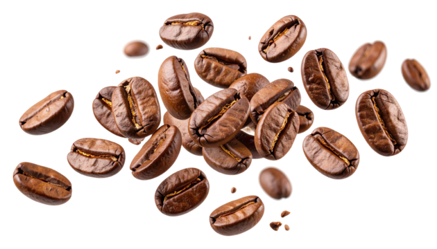 Roasted coffee beans descending, rotating dynamically against transparent backdrop, revealing rich brown textures and crisp bean surface details