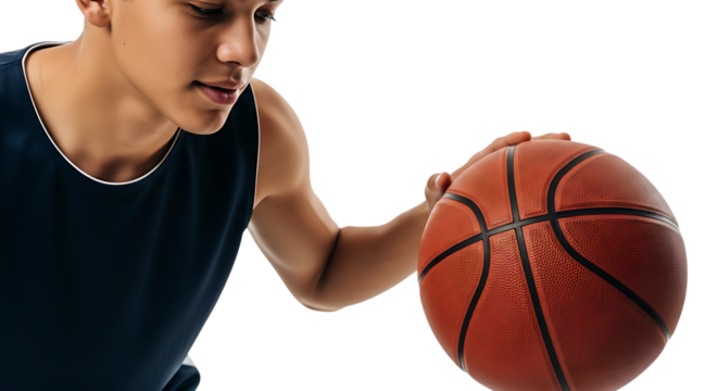 Young basketball player preparing to dribble with focused expression