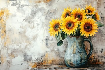 Sunflowers in rustic blue pitcher watercolor painting