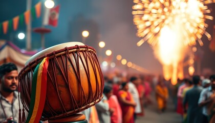 Vibrant festival atmosphere with ethnic drum and festive fireworks display