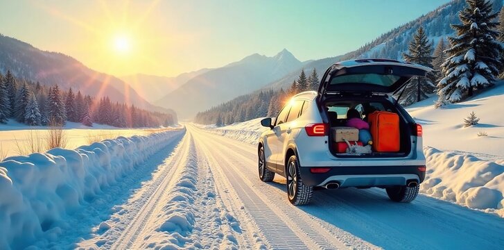 A family's car packed for a road trip, leaving behind a snowy landscape, headed towards warmer weather Sun shines brightly on the vehicle, promising adventure , tires, open road - Powered by Adobe