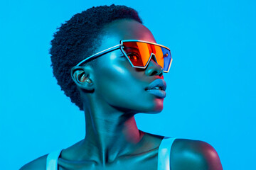 Futuristic Blue Fashion Portrait with Cyber Sunglasses and Reflective Visor, AI, Solid Neon Blue Background Trendsetting Lifestyle

