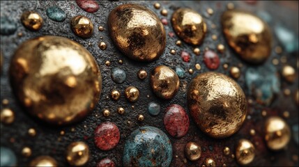 Abstract metallic spheres in gold, red, and turquoise on dark surface