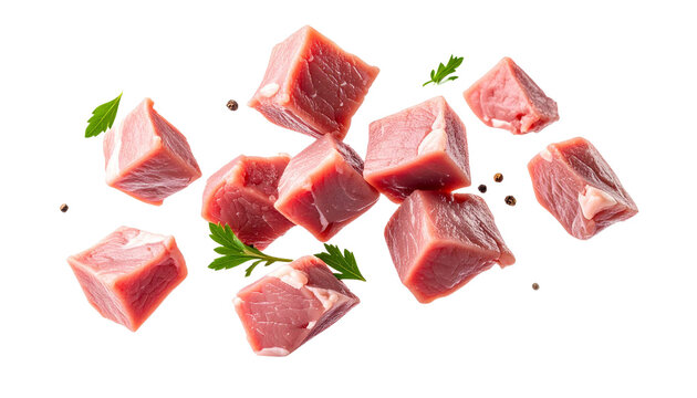Goose meat cubes dropping, scattered parsley, peppercorns suspended, transparent backdrop highlighting culinary ingredient detail