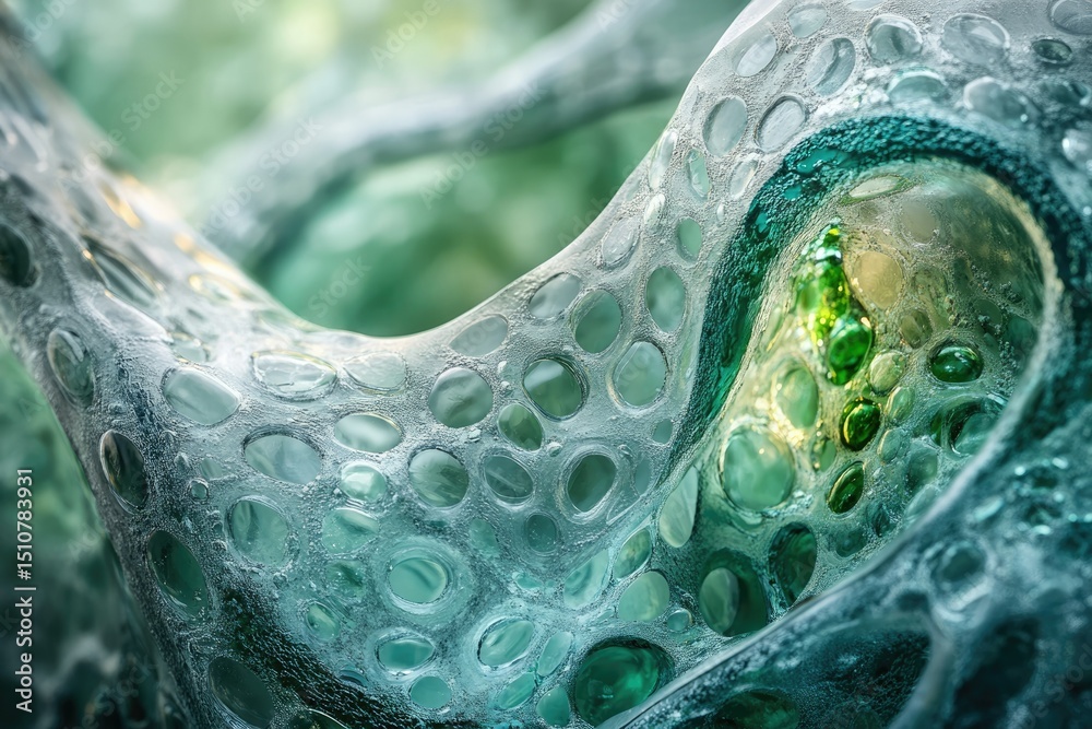 Fototapete abstract close-up of a translucent, porous, green material with bubble-like structures.