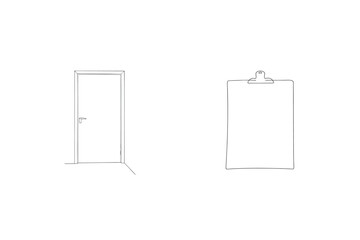 Simple one line art illustration of a door and a clipboard on a white background