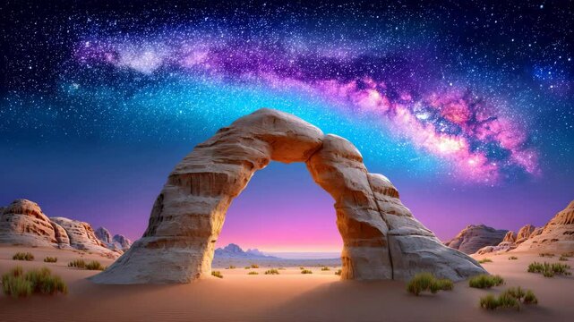 Stunning desert arch under a vibrant starry night sky.