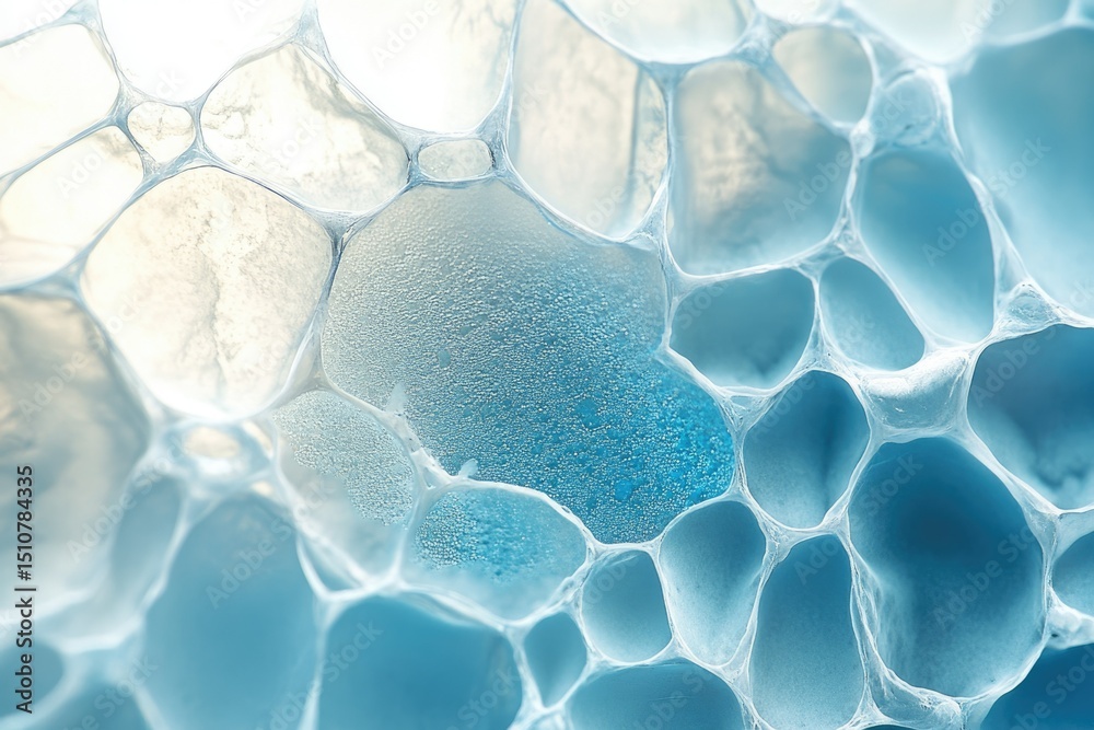 Poster close-up of a porous, translucent blue substance with an intricate network of interconnected cavitie