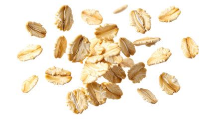 Oats tumbling, floating against white space, symbolizing wholesome nutrition and natural ingredient elegance for graphic compositions