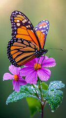 Obraz premium Stunning Monarch Butterfly Macro Photography on Purple Flower with Dew Drops for Nature and Conservation Marketing