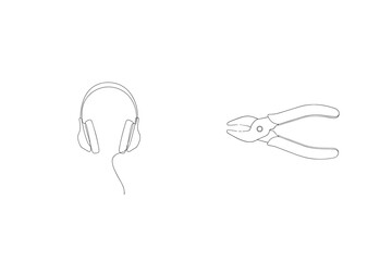 Minimalist one line art illustration of headphones and wire cutter pliers isolated on white
