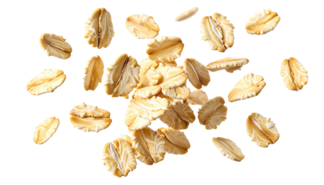 Oats tumbling, floating against white space, symbolizing wholesome nutrition and natural ingredient elegance for graphic compositions